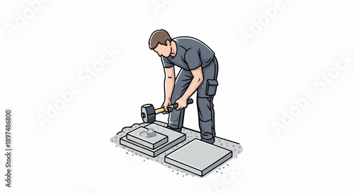 Worker using sledgehammer to shape stone slabs on ground