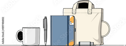 A desk scene with a mug, pen, notebook, tote bag, and USB drive