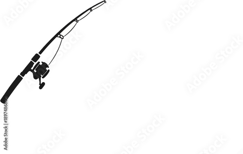 A black silhouette of a fishing rod and reel is depicted against a white background