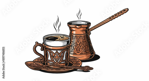 Traditional copper coffee cup, saucer, spoon, and brewing pot with intricate designs and steaming hot beverage