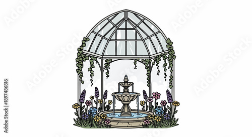 A charming garden conservatory shelters a tiered fountain surrounded by colorful flowers and trailing ivy