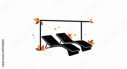 Two black lounge chairs under a frame adorned with colorful autumn leaves