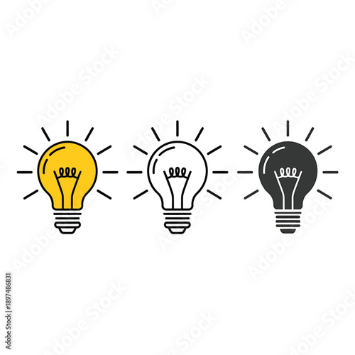 Three lightbulbs in different colors with radiating lines above them