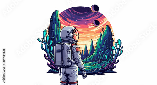 Pixelated astronaut explores alien world with vibrant flora and moons in sky