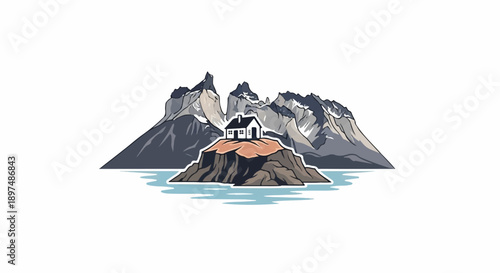 Small house on rocky island with dramatic mountains and water