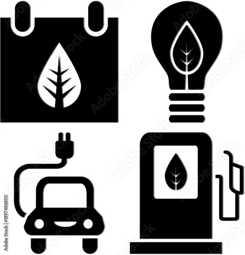 Eco-friendly energy icons including electric car charging gas pump with leaf symbol calendar with leaf and lightbulb with leaf representing sustainability and green technology