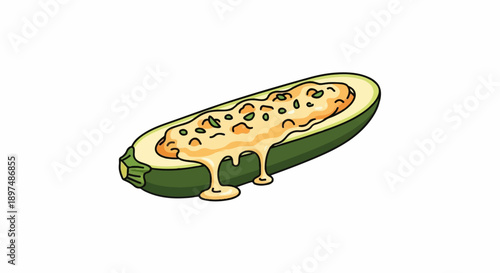 A cartoon-style zucchini boat filled with cheesy topping and herbs