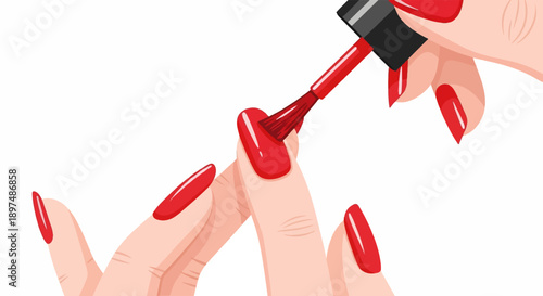 A close-up illustration shows hands applying vibrant red nail polish to long fingernails against a white background