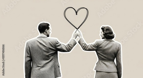 Retro elegance with a touch of romance Vintage couple holding a heart shape in a stylish romantic fashion setting