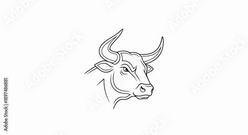Fierce bull head with sharp horns and intense gaze, outlined in black ink