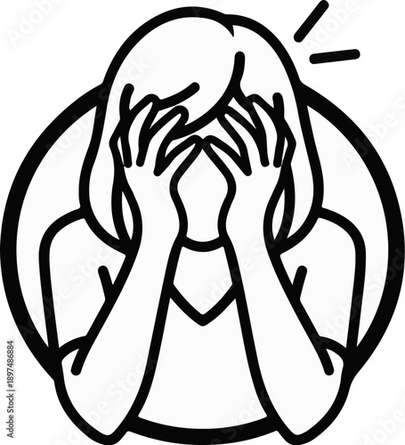 A black and white line drawing depicts a person with their hands over their face, appearing distressed