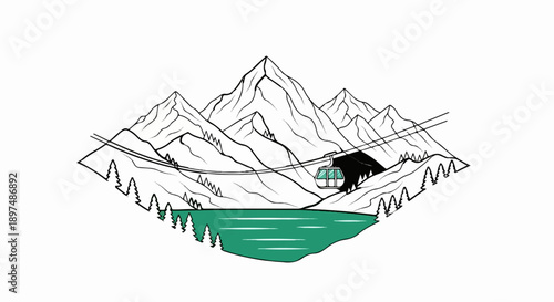 Stylized mountain range with a cable car, lake, and pine trees, presented as a diamond-shaped graphic