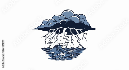 Stormy sea with lightning striking through dark clouds onto crashing waves