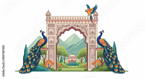 Ornate archway framing a tranquil garden scene with peacocks and mountains