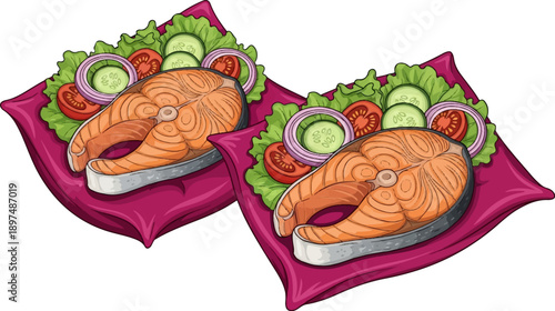 Two delicious salmon steaks with fresh salad, served on vibrant purple plates