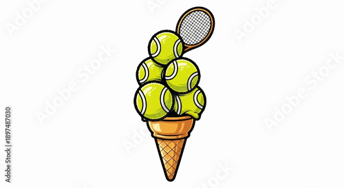 Tennis balls piled high in a waffle cone with a racket accent