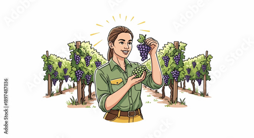 Smiling farmer admires ripe purple and green grapes in a vineyard under bright sunlight