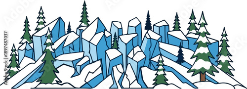 Abstract wintry landscape with sharp blue ice formations and snow-dusted evergreen trees