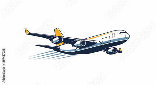 A stylized jetliner with its engines humming, soaring through the sky with a trail of motion