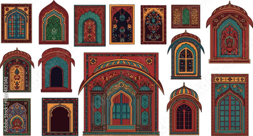 A collection of ornate, colorful, and intricately decorated windows and archways in a traditional style