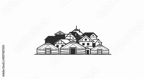 A collection of traditional rounded tents and quaint village houses creates a charming, rustic scene