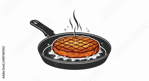 A sizzling, seasoned burger patty cooks on a stovetop frying pan