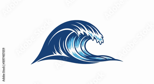 A stylized depiction of a crashing blue and light blue ocean wave against a white background