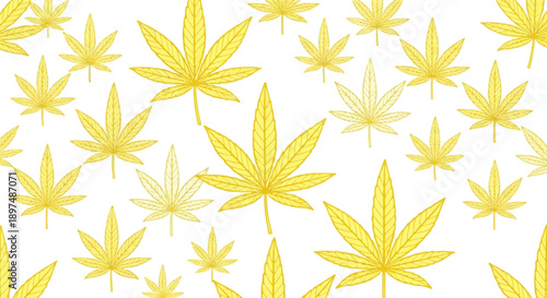 A seamless pattern of yellow cannabis leaves on a white background