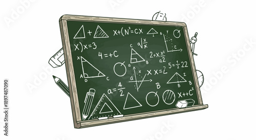 Chalkboard with math formulas, geometric shapes, and drawing tools