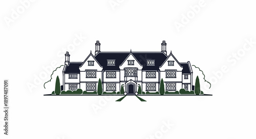 An elegant, stylized sketch of a large, symmetrical manor house with multiple gables