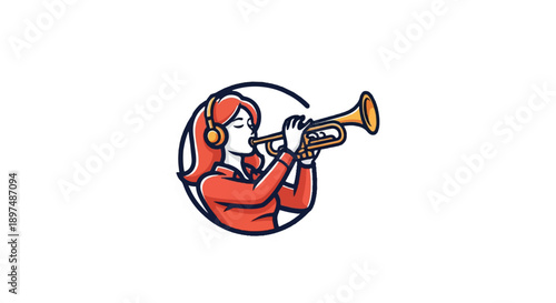 Stylized illustration of a person with red hair and headphones playing a trumpet