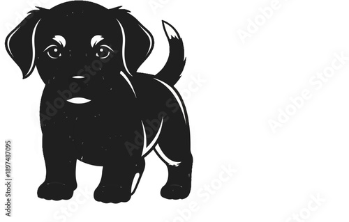 Black puppy silhouette with large ears and perky tail, detailed expressive eyes