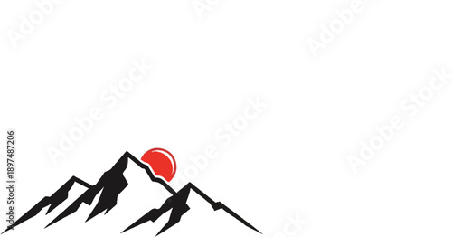 Stylized mountain range with a vibrant red sun rising above peaks