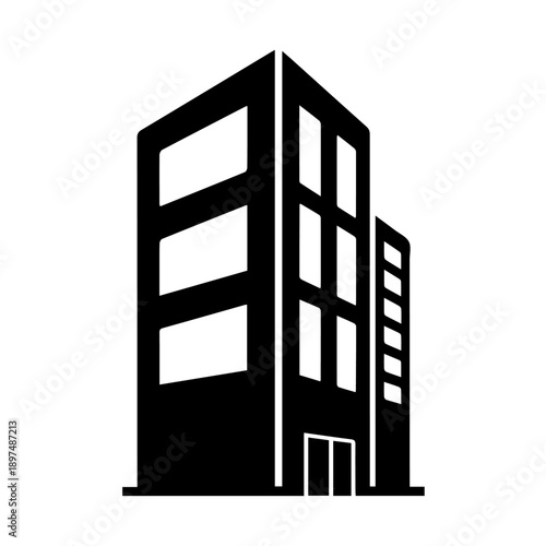Modern corporate office buildings cityscape icon vector illustration. stylized business district skyline silhouette graphic. urban architecture symbol design element. company headquarters logo vector.