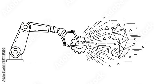 Robotic arm interacting with futuristic network gear