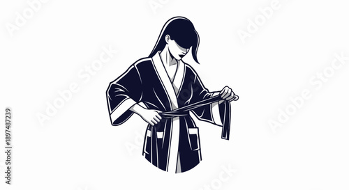 Woman tying belt on dark robe with white trim, looking down