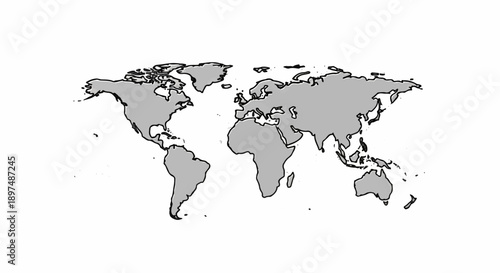 A simplified world map illustration with gray continents and black borders