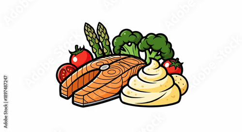 A colorful cartoon illustration of a salmon steak with broccoli, asparagus, tomatoes, and a swirl of sauce