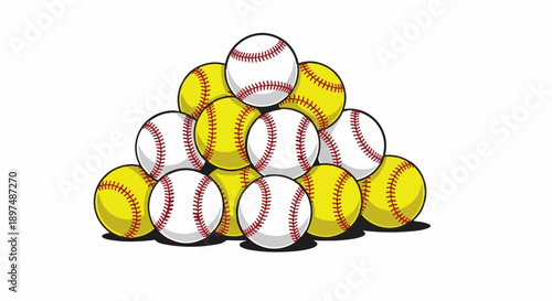 A pyramid-shaped pile of baseballs and softballs