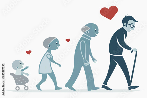 Stylized human life cycle and aging process icon set with heart symbols