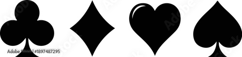 Four distinct black card suit symbols, clubs, diamonds, hearts, spades on white