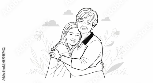 Tender embrace between a smiling young girl and her loving grandmother, surrounded by subtle floral motifs
