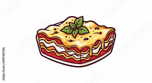 A layered slice of lasagna, rich with red sauce, pasta, and melted cheese, garnished with basil
