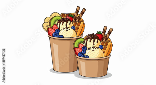 Delicious ice cream cups overflowing with waffles, fruit, and chocolate