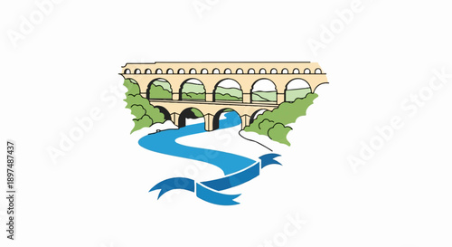A vibrant, stylized illustration of an ancient aqueduct with arches spanning a flowing blue river
