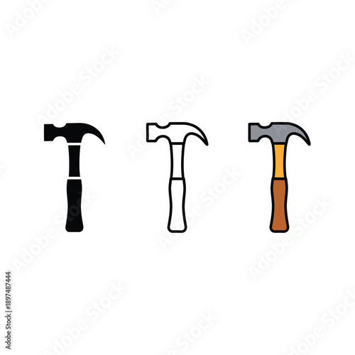 Three hammer illustrations black white outline and color rendition