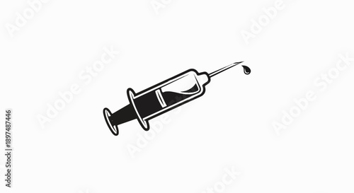 Stylized black and white illustration of a syringe with a drop of liquid falling