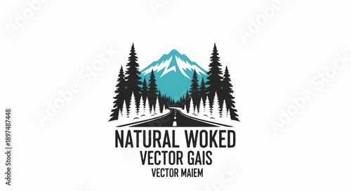 A winding road leads through a pine forest towards a snow-capped mountain under a blue sky