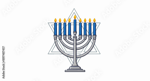 A silver menorah with nine lit blue candles stands in front of a large, outlined Star of David
