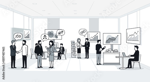 Diverse professionals collaborate in a modern office, presenting data and ideas